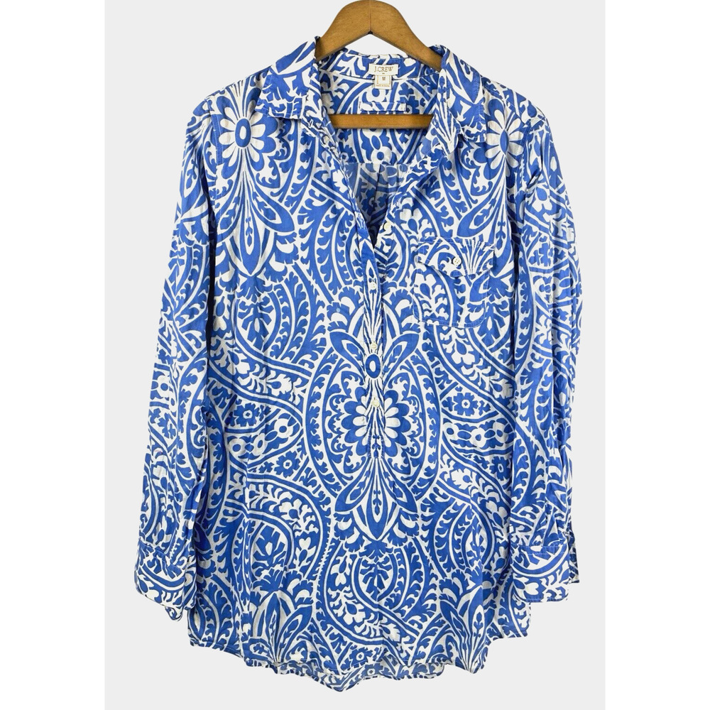 J Crew Tunic Size M Swimsuit Coverup Blue White Popover Top Preppy Coastal Shirt